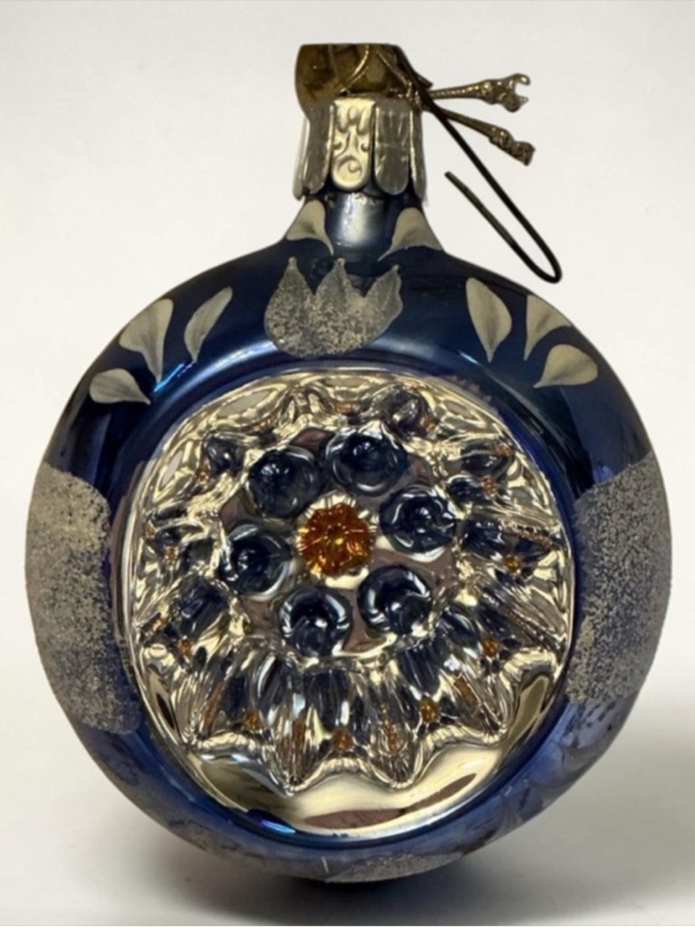 Vintage Blown Glass Hand Painted Indent Ball Ornament 2.5” Blue Silver Christmas